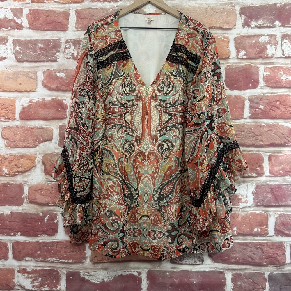 Reba Top Women's 3X Multicolor Boho Floral Lace Trim Sheer Chiffon Casual Shirt